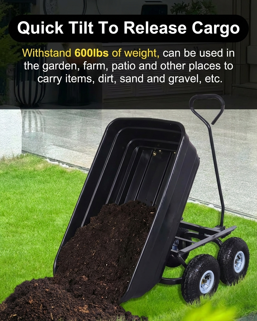 Heavy-Duty Garden Dump Cart – 600 lb Capacity, 10" Pneumatic Tires, 180° Rotating Handle
