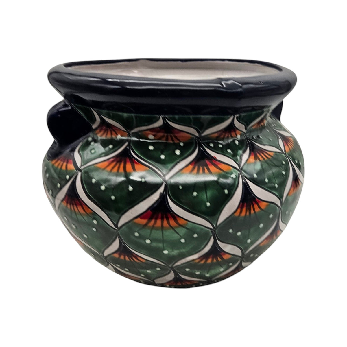 Vibrant Talavera Flower Pot | Green Peacock Design