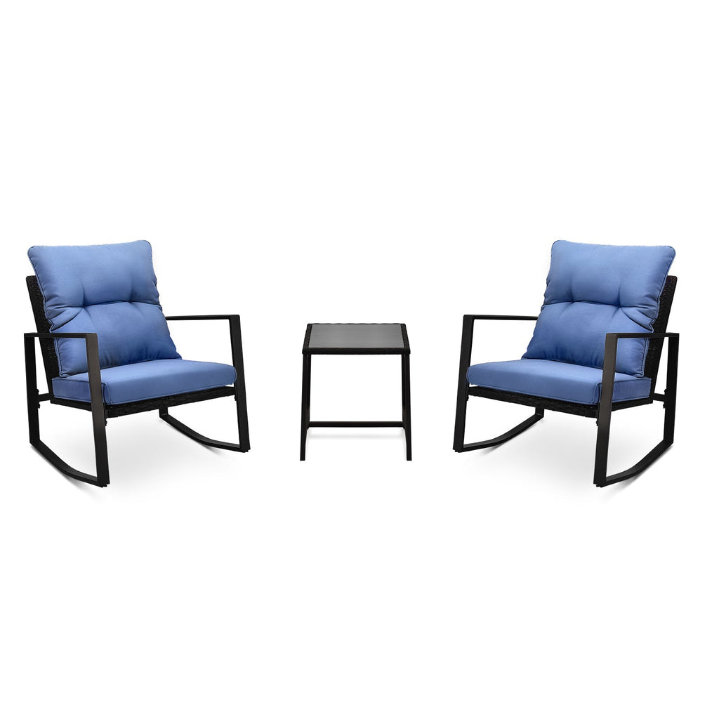 3-Piece Outdoor Patio Bistro Set – Rocking Chairs with Blue Cushions, All-Weather PE Rattan