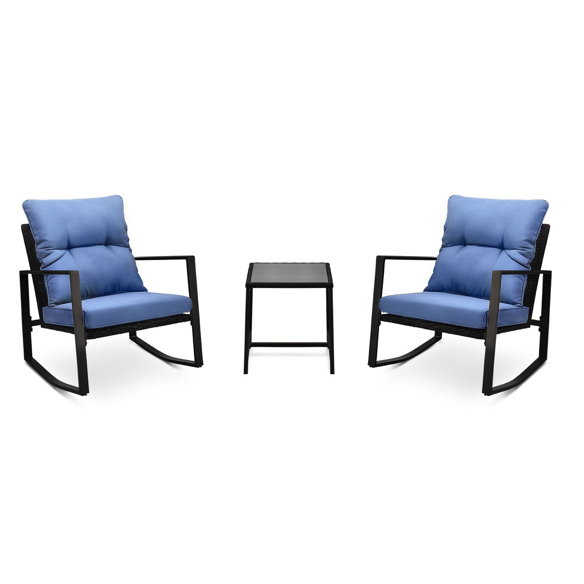 3-Piece Outdoor Patio Bistro Set – Rocking Chairs with Blue Cushions, All-Weather PE Rattan