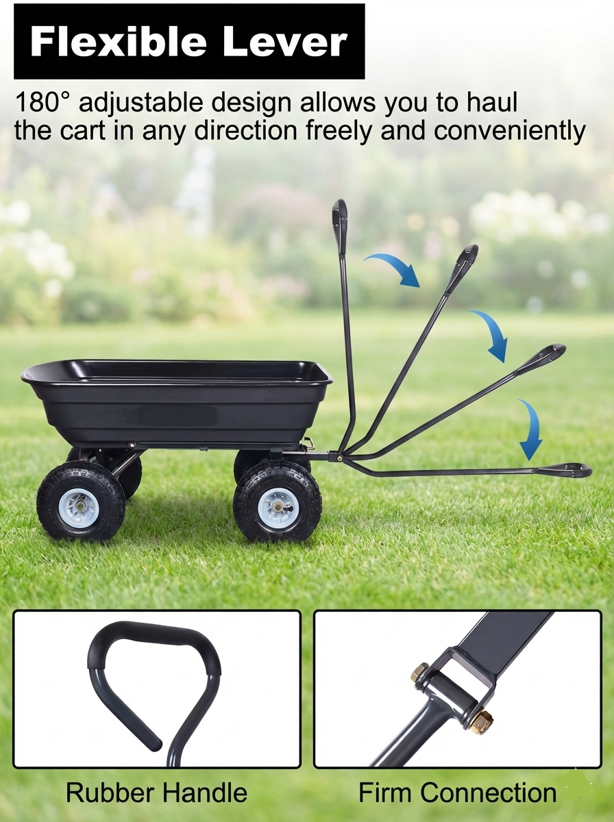 Heavy-Duty Garden Dump Cart – 600 lb Capacity, 10" Pneumatic Tires, 180° Rotating Handle