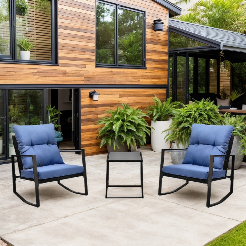 3-Piece Outdoor Patio Bistro Set – Rocking Chairs with Blue Cushions, All-Weather PE Rattan