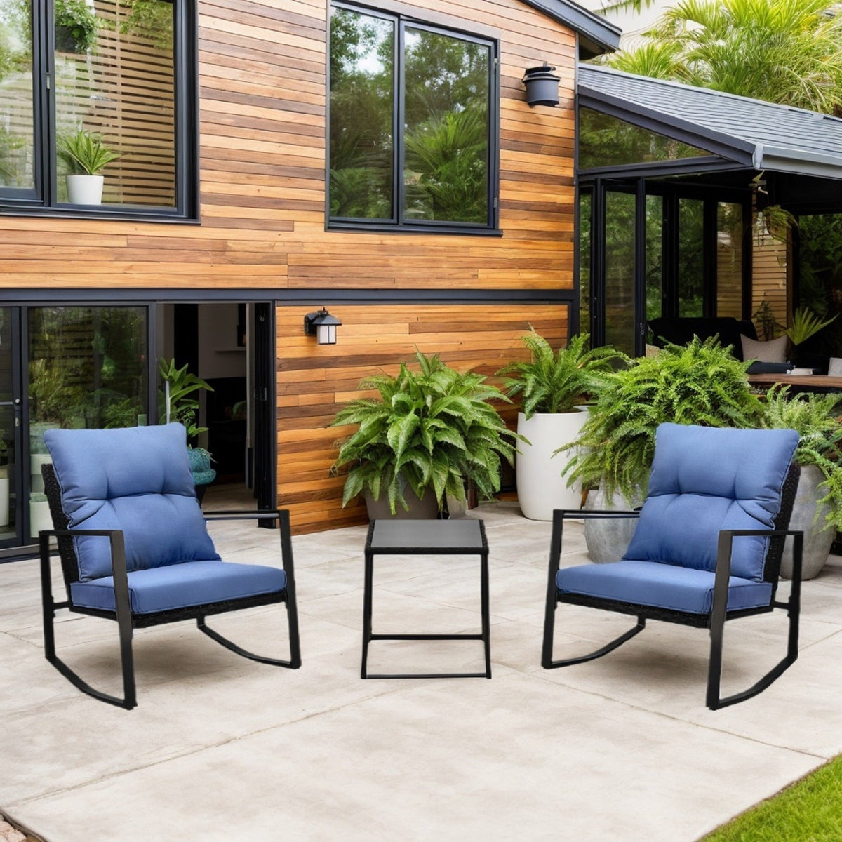 3-Piece Outdoor Patio Bistro Set – Rocking Chairs with Blue Cushions, All-Weather PE Rattan