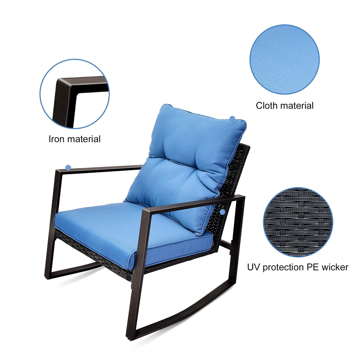 3-Piece Outdoor Patio Bistro Set – Rocking Chairs with Blue Cushions, All-Weather PE Rattan