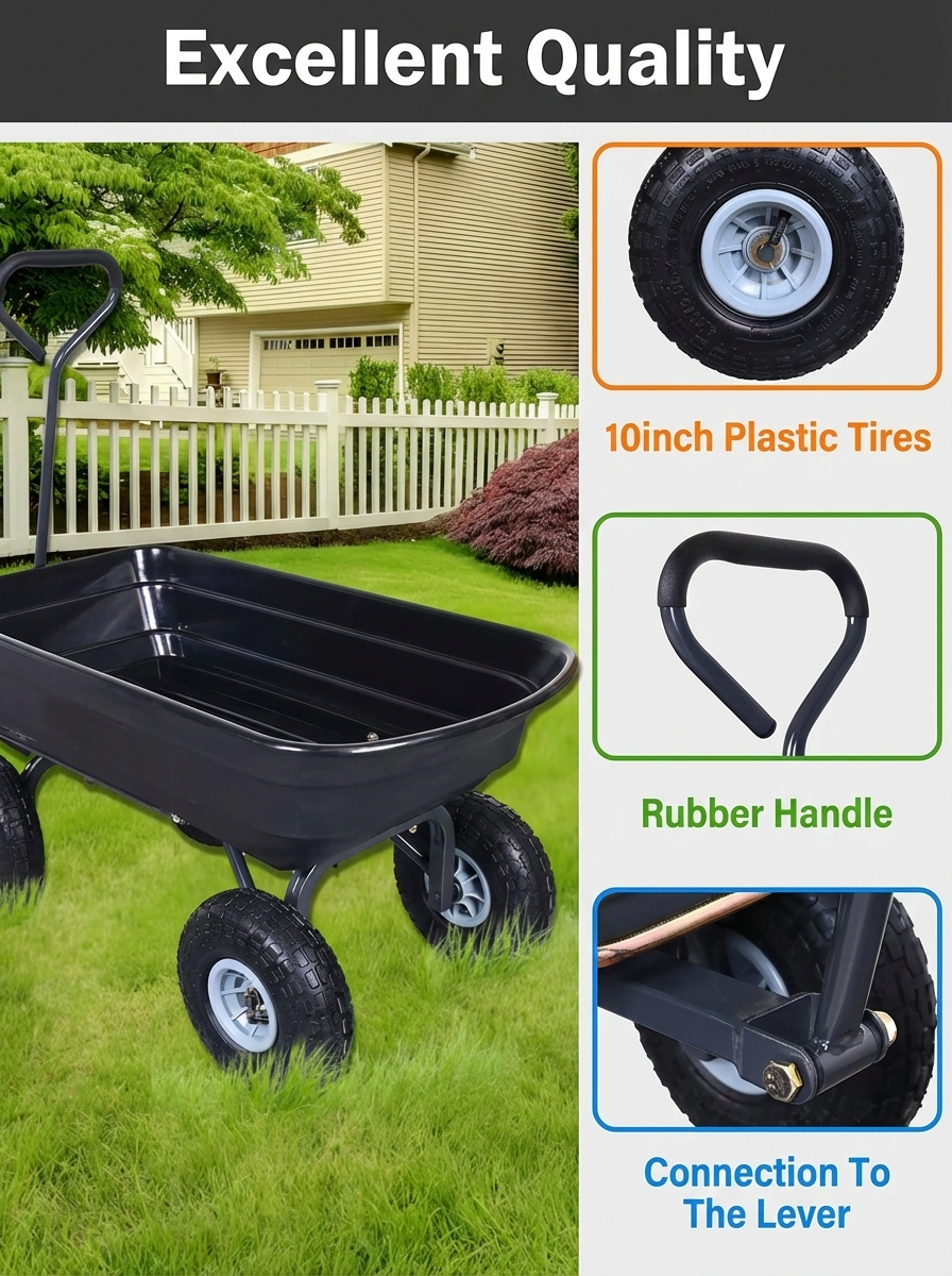 Heavy-Duty Garden Dump Cart – 600 lb Capacity, 10" Pneumatic Tires, 180° Rotating Handle