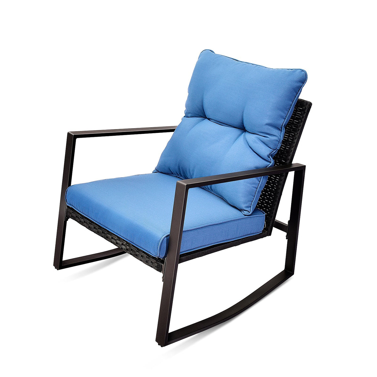3-Piece Outdoor Patio Bistro Set – Rocking Chairs with Blue Cushions, All-Weather PE Rattan