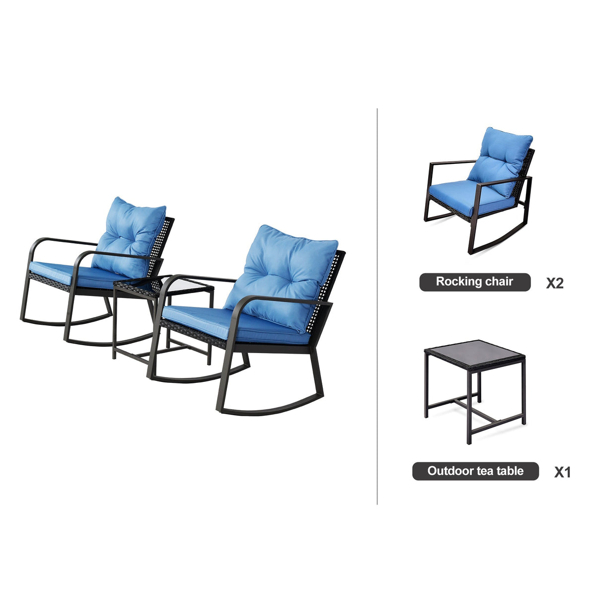 3-Piece Outdoor Patio Bistro Set – Rocking Chairs with Blue Cushions, All-Weather PE Rattan