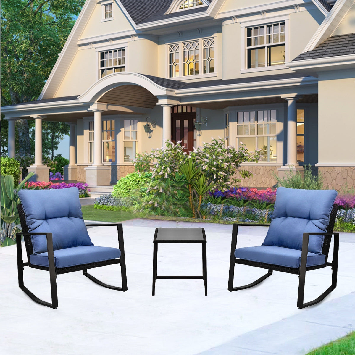 3-Piece Outdoor Patio Bistro Set – Rocking Chairs with Blue Cushions, All-Weather PE Rattan