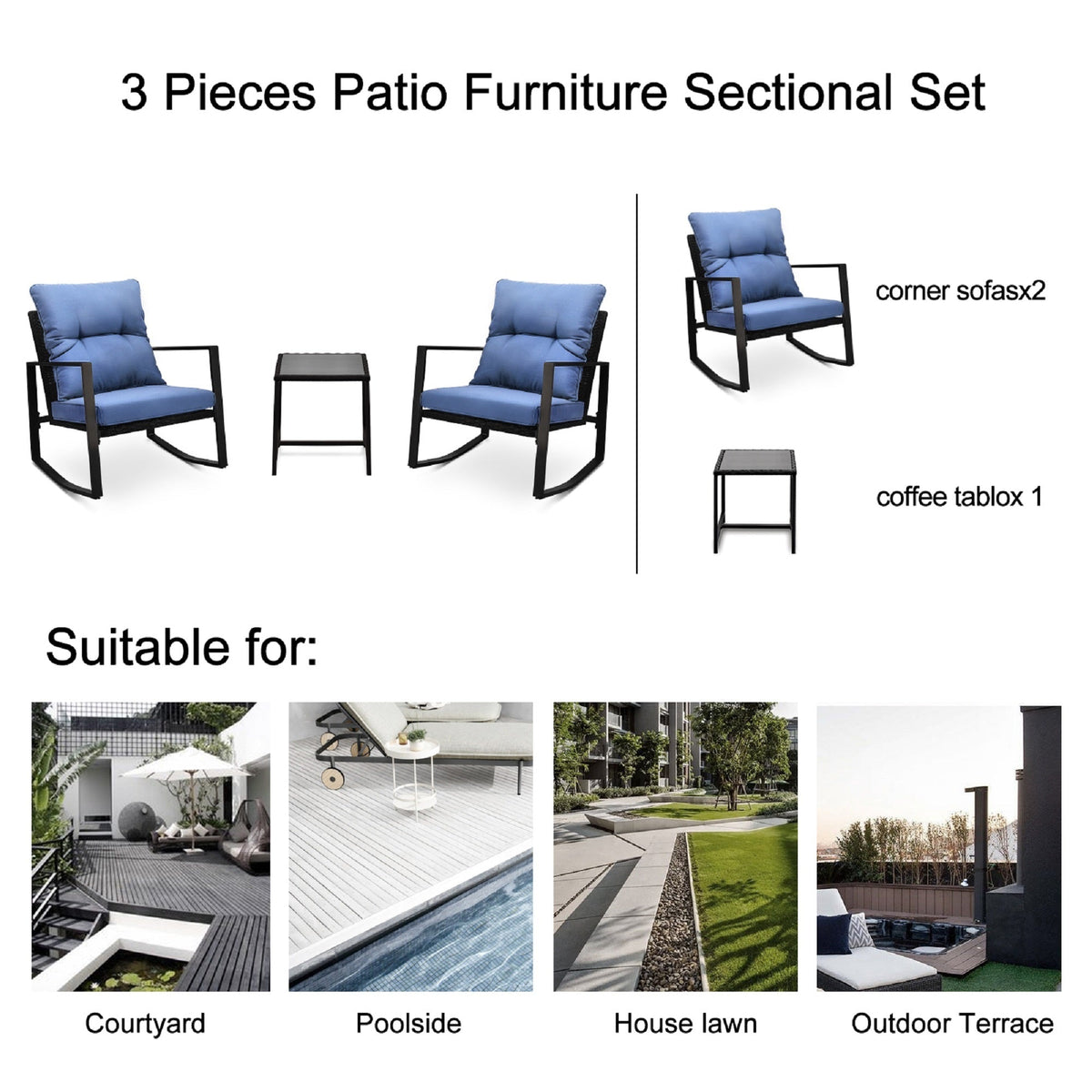 3-Piece Outdoor Patio Bistro Set – Rocking Chairs with Blue Cushions, All-Weather PE Rattan