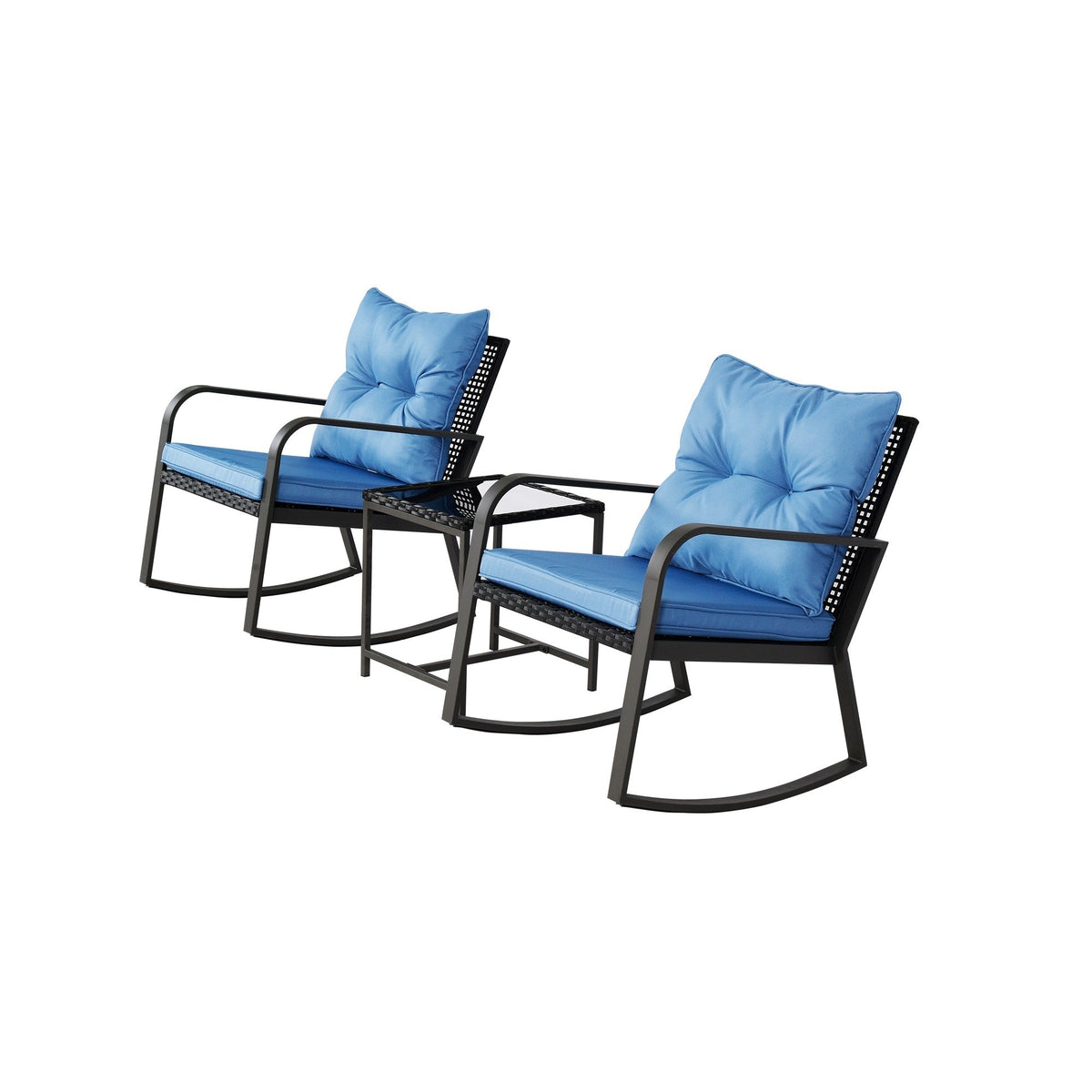3-Piece Outdoor Patio Bistro Set – Rocking Chairs with Blue Cushions, All-Weather PE Rattan