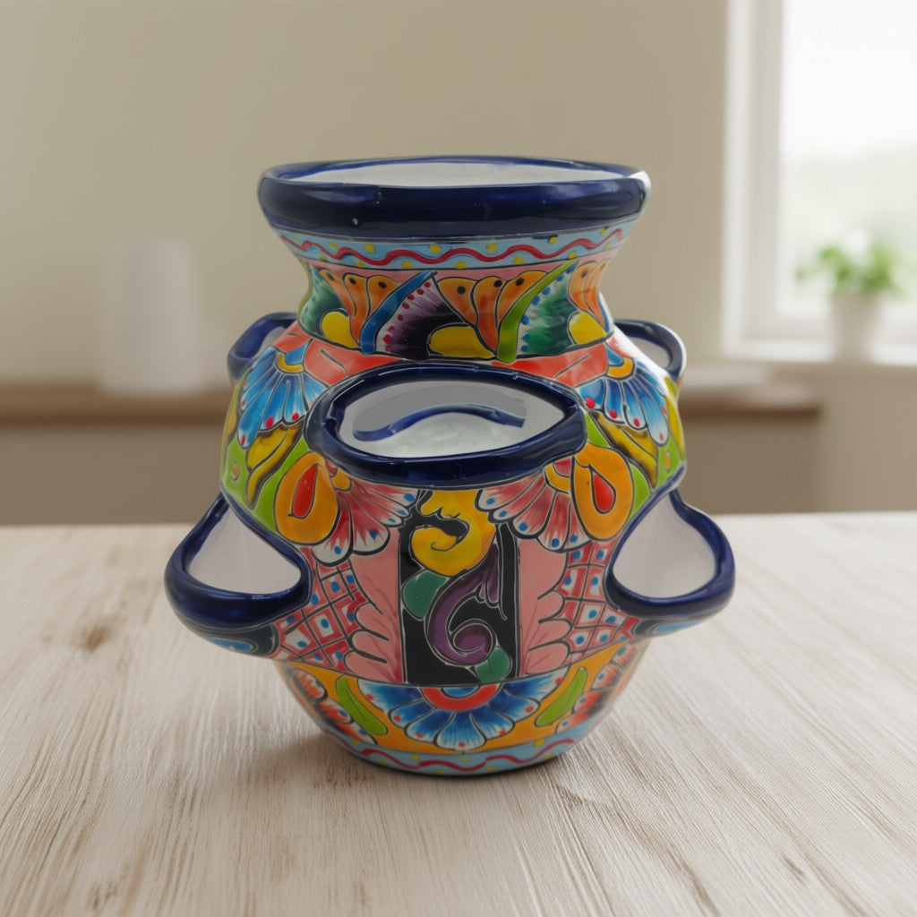 Blue Rim Talavera Strawberry Pot | Hand-Painted Mexican Planter
