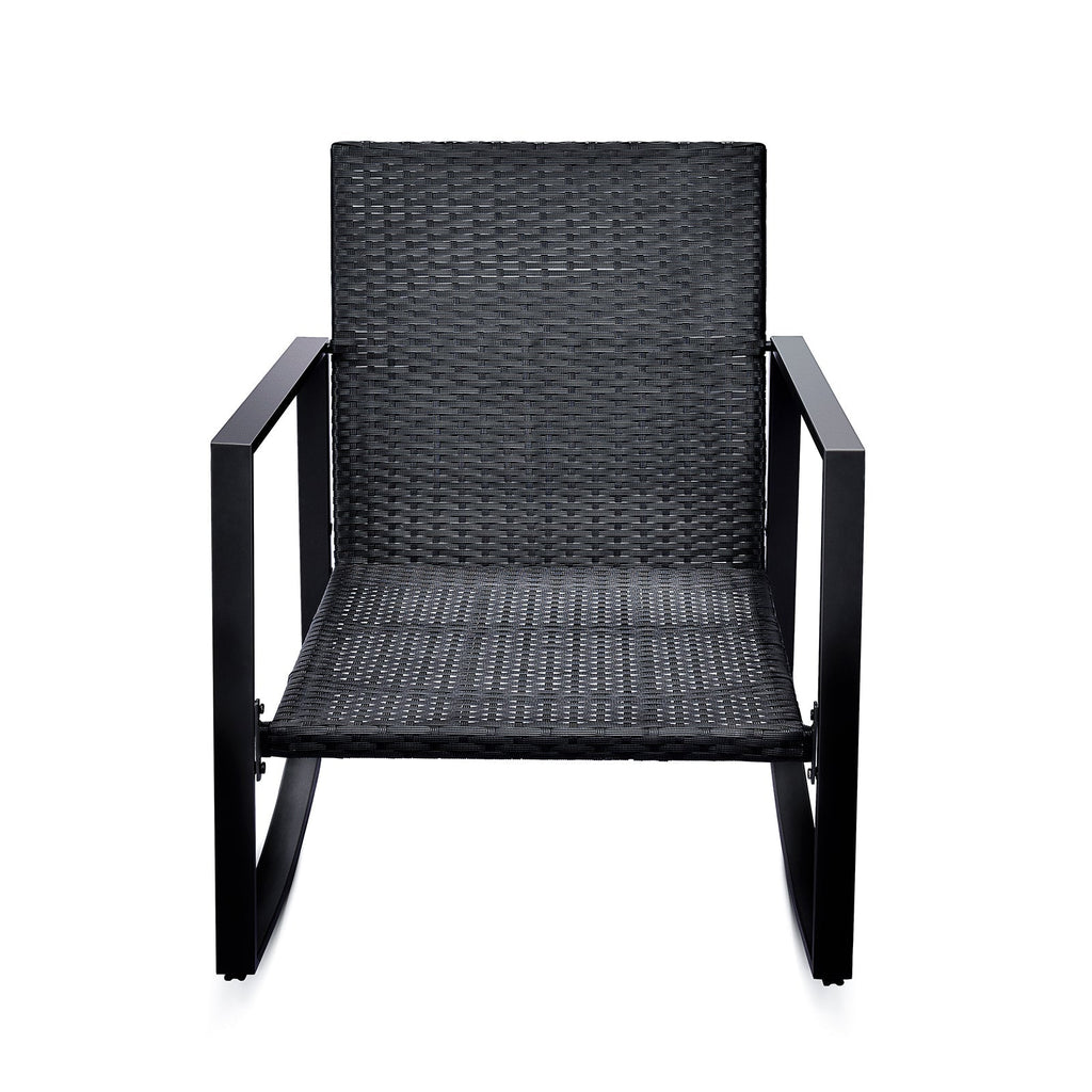 3-Piece Outdoor Patio Bistro Set – Rocking Chairs with Blue Cushions, All-Weather PE Rattan