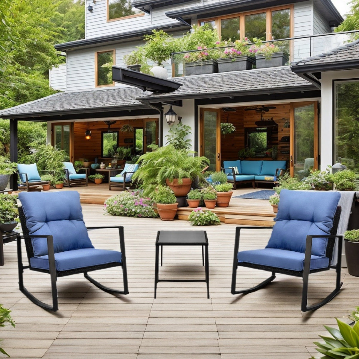 3-Piece Outdoor Patio Bistro Set – Rocking Chairs with Blue Cushions, All-Weather PE Rattan