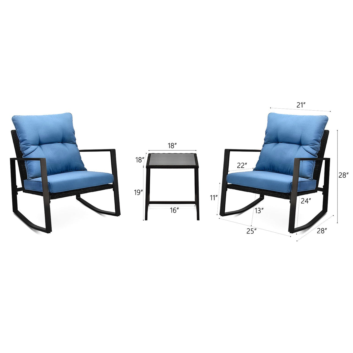 3-Piece Outdoor Patio Bistro Set – Rocking Chairs with Blue Cushions, All-Weather PE Rattan