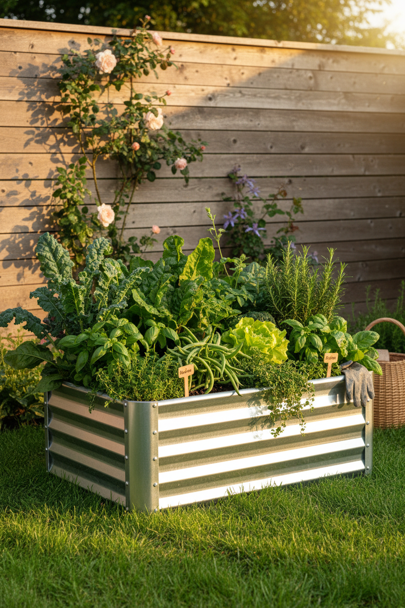 Metal raised garden bed filled with lush vegetables in a sunny backyard