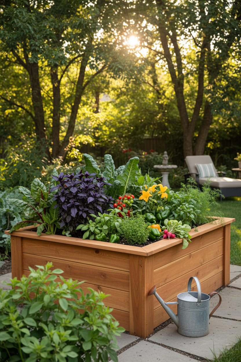 Cedar raised garden bed in a lush backyard garden with watering can