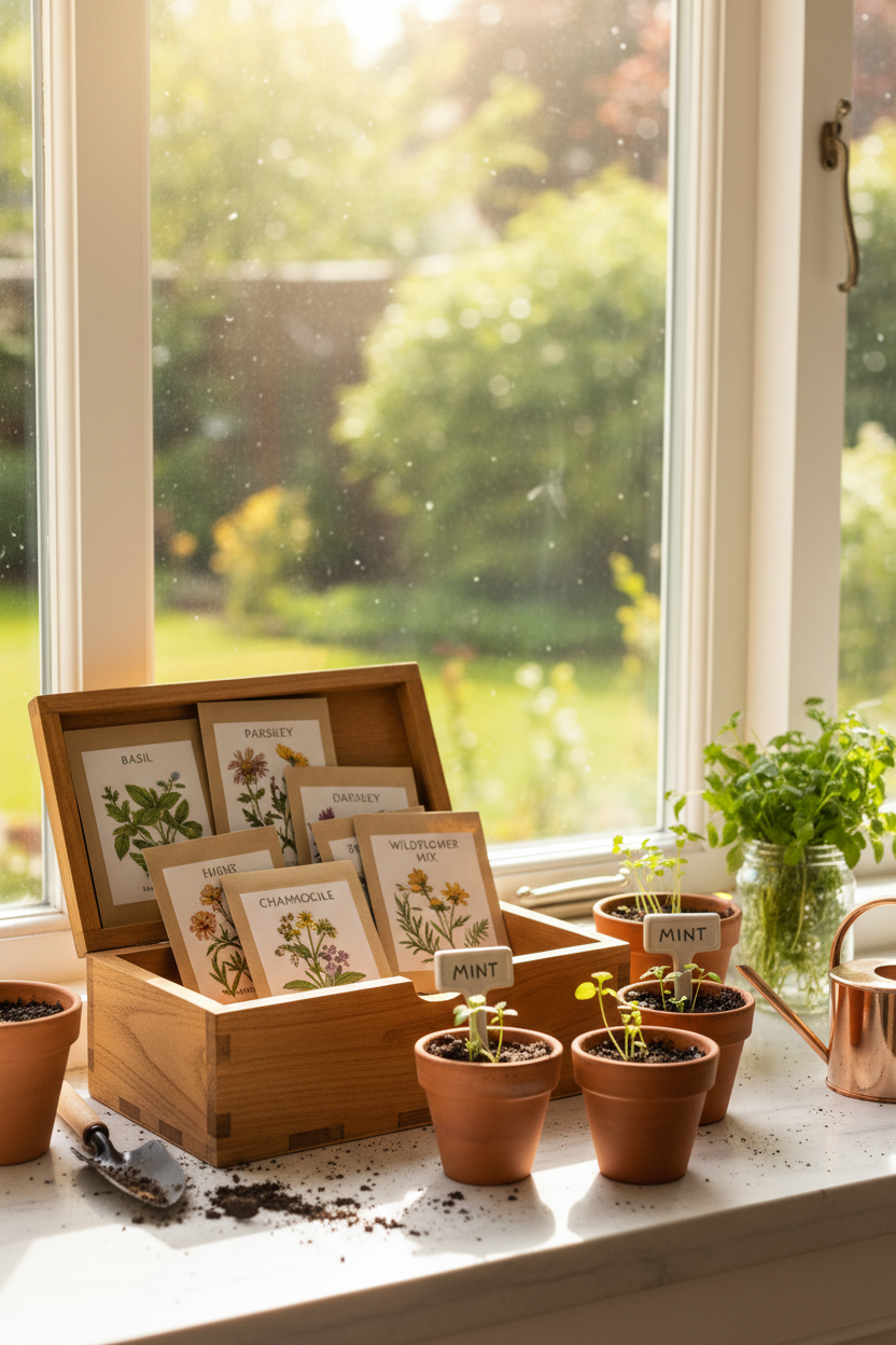 Flower seed kit with seed packets and sprouting seedlings on a sunny kitchen windowsill