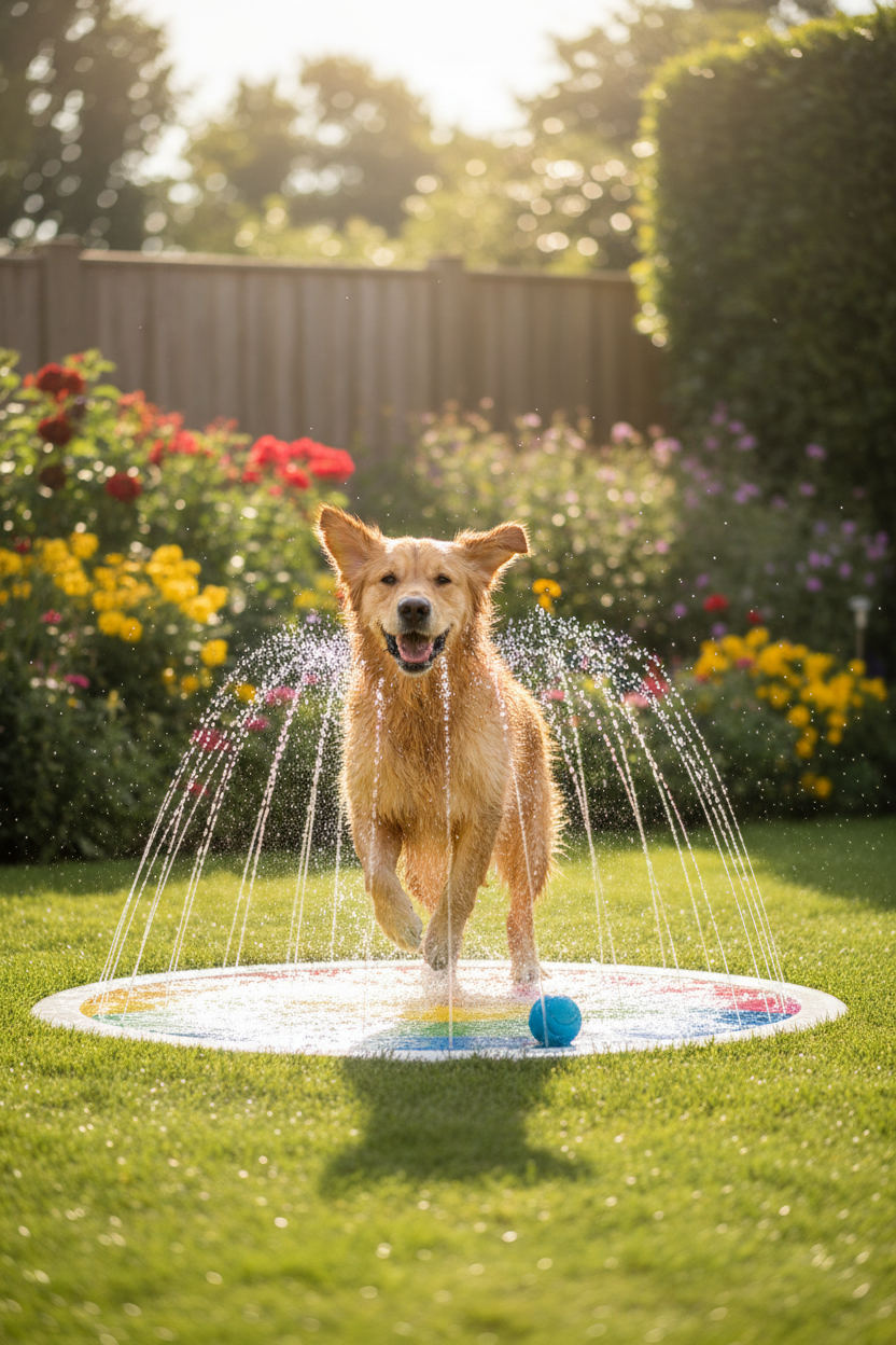 Happy golden retriever playing on a colorful splash pad sprinkler in a sunny backyard
