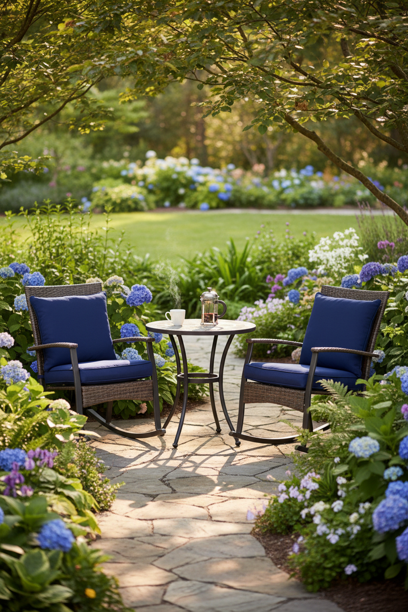 3-piece outdoor patio bistro set with rocking chairs and blue cushions in a garden