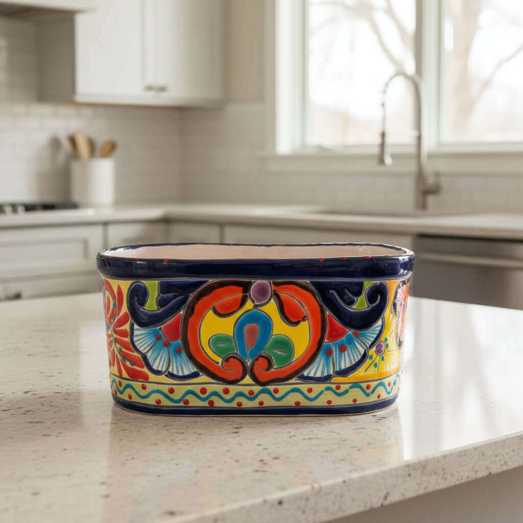 Oval Blue Rim Talavera Planter | Handmade Mexican Pot