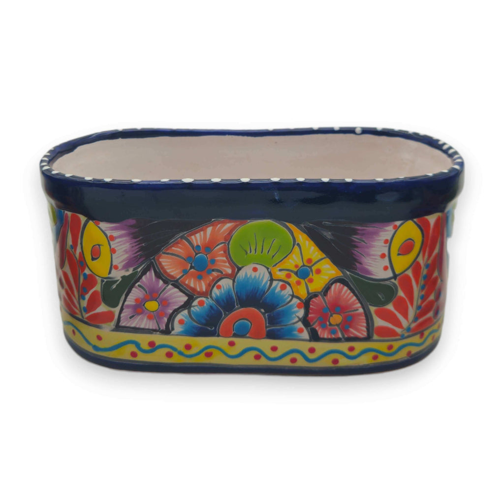 Oval Blue Rim Talavera Planter | Handmade Mexican Pot