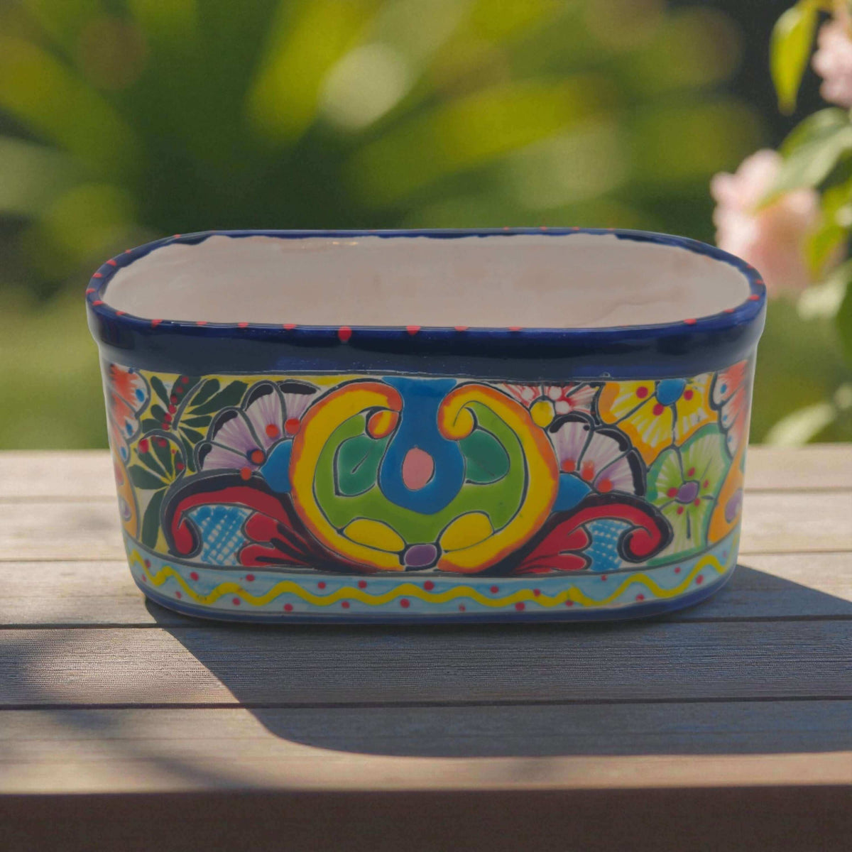 Oval Blue Rim Talavera Planter | Handmade Mexican Pot