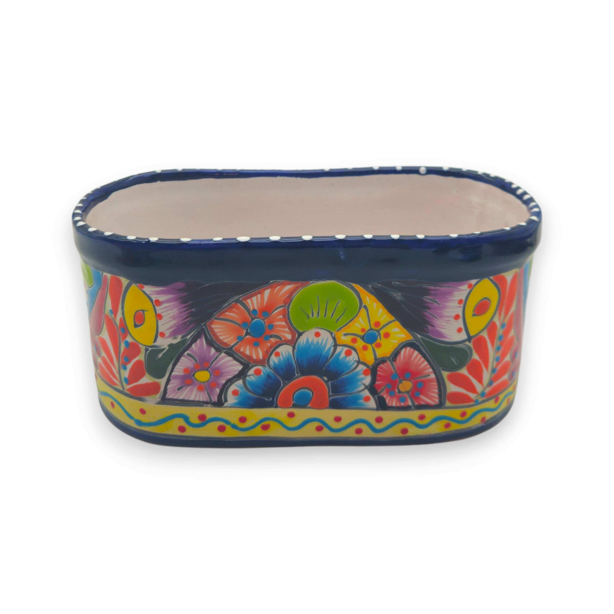 Oval Blue Rim Talavera Planter | Handmade Mexican Pot