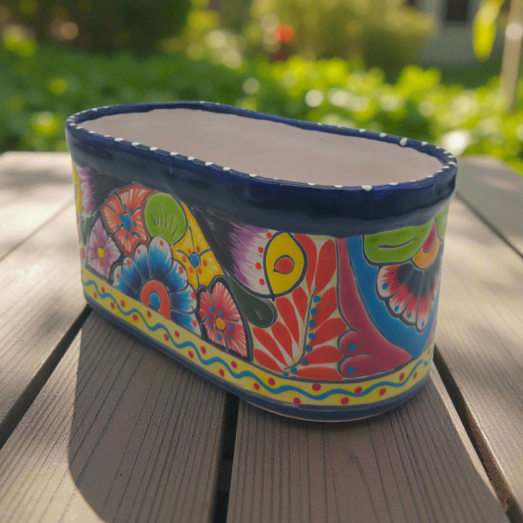 Oval Blue Rim Talavera Planter | Handmade Mexican Pot