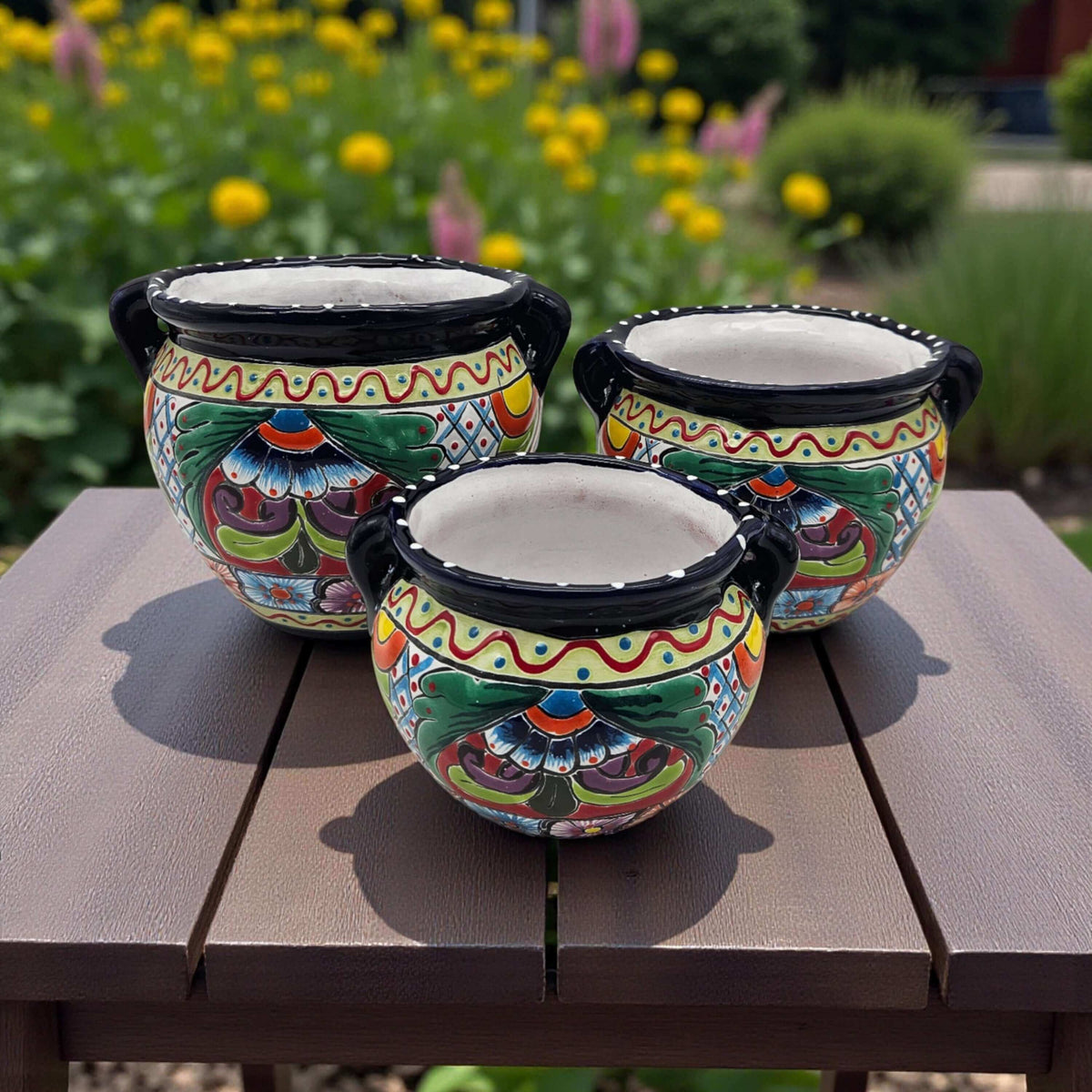 Small Cobalt Blue Rim Talavera Pot Trio | Hand-Painted Planters
