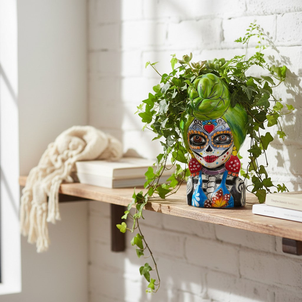Talavera Skull Lady Planter | Colorful Day of the Dead Art