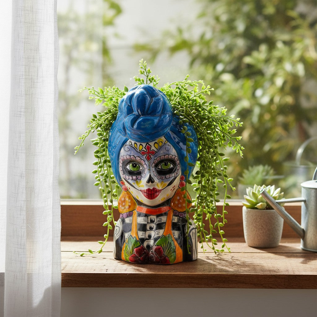 Talavera Skull Lady Planter | Colorful Day of the Dead Art