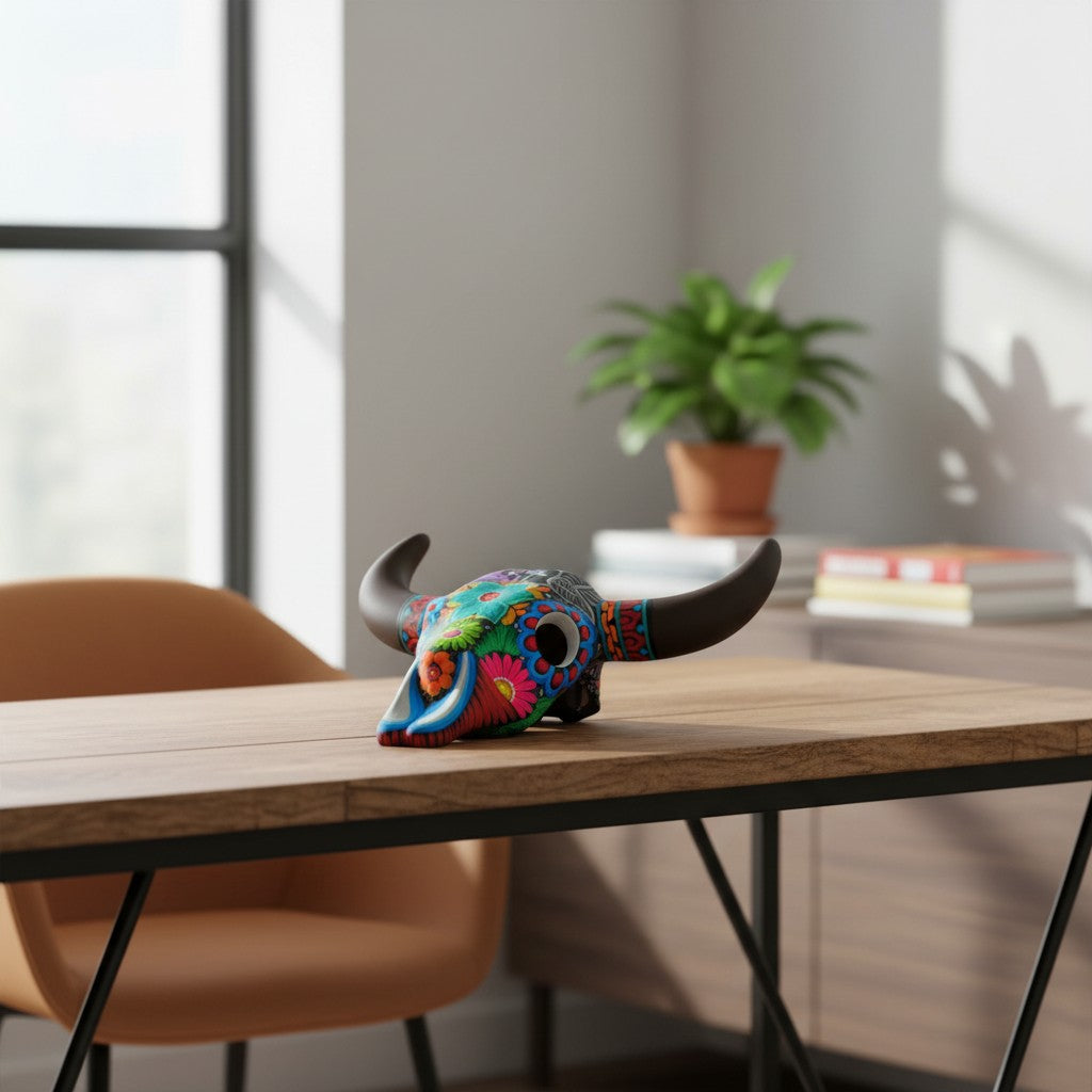Alebrije Bull Skull Wall Decor | Colorful Longhorn Art