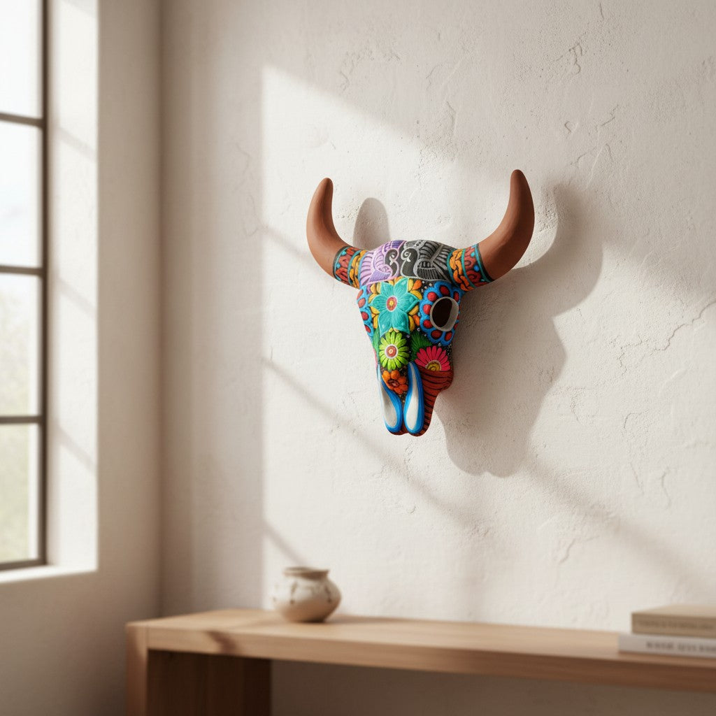 Alebrije Bull Skull Wall Decor | Colorful Longhorn Art